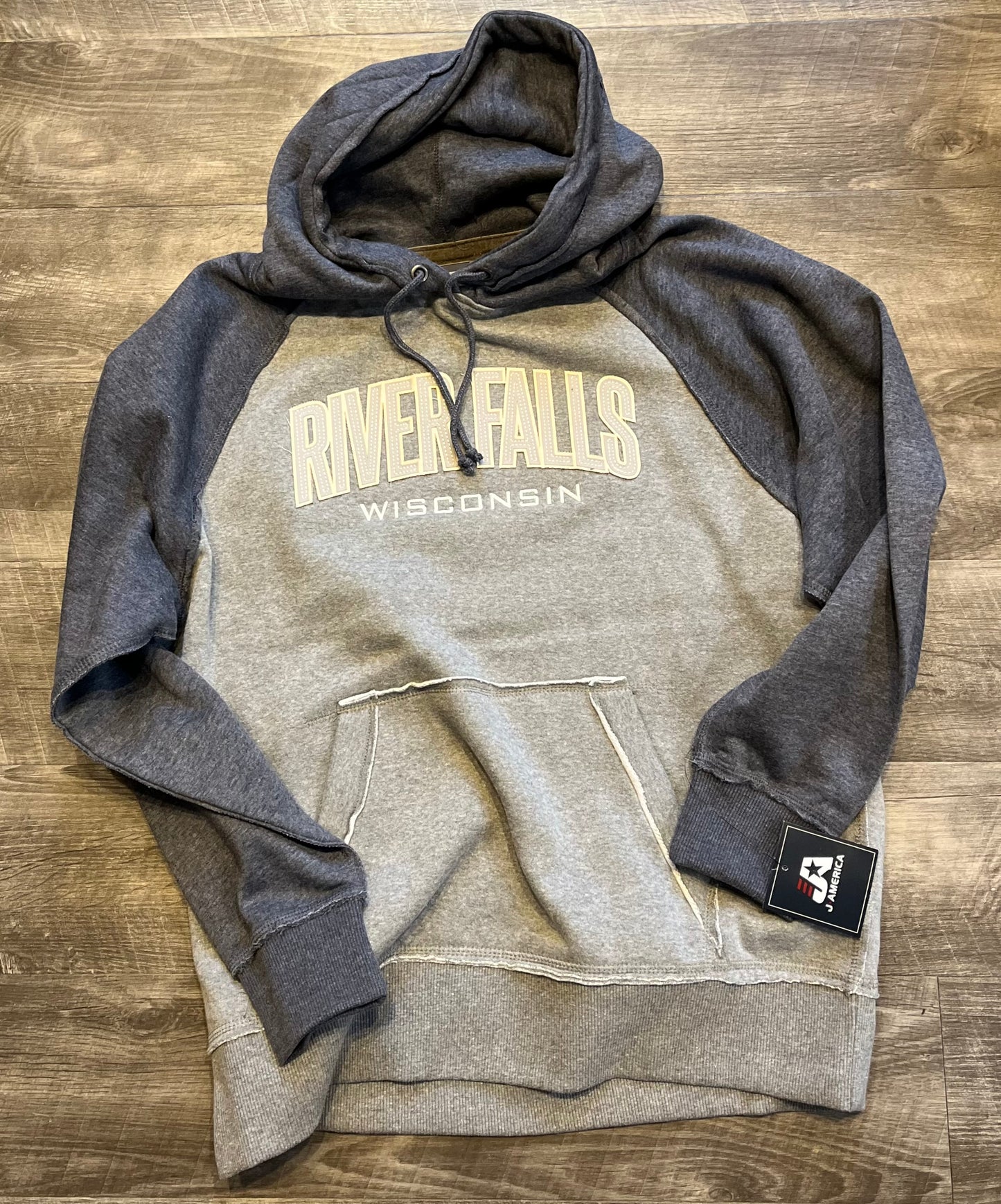 River Falls Retail Online Vintage Heather Hooded Sweatshirt - River Falls Wisconsin - Navy Sleeves