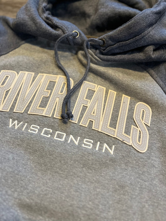 River Falls Retail Online Vintage Heather Hooded Sweatshirt - River Falls Wisconsin - Navy Sleeves
