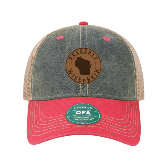 Prescott Wisconsin Retail Old Favorite Trucker Cap with Leather Patch - Navy / Dark Pink