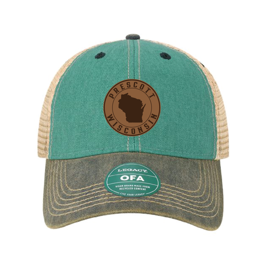 Prescott Wisconsin Retail Old Favorite Trucker Cap with Leather Patch - Aqua Blue / Navy