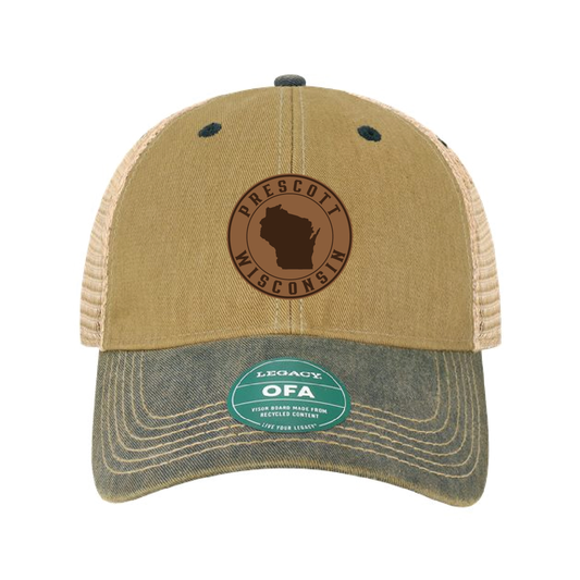 Prescott Wisconsin Retail Old Favorite Trucker Cap with Leather Patch - Dark Tan/Navy