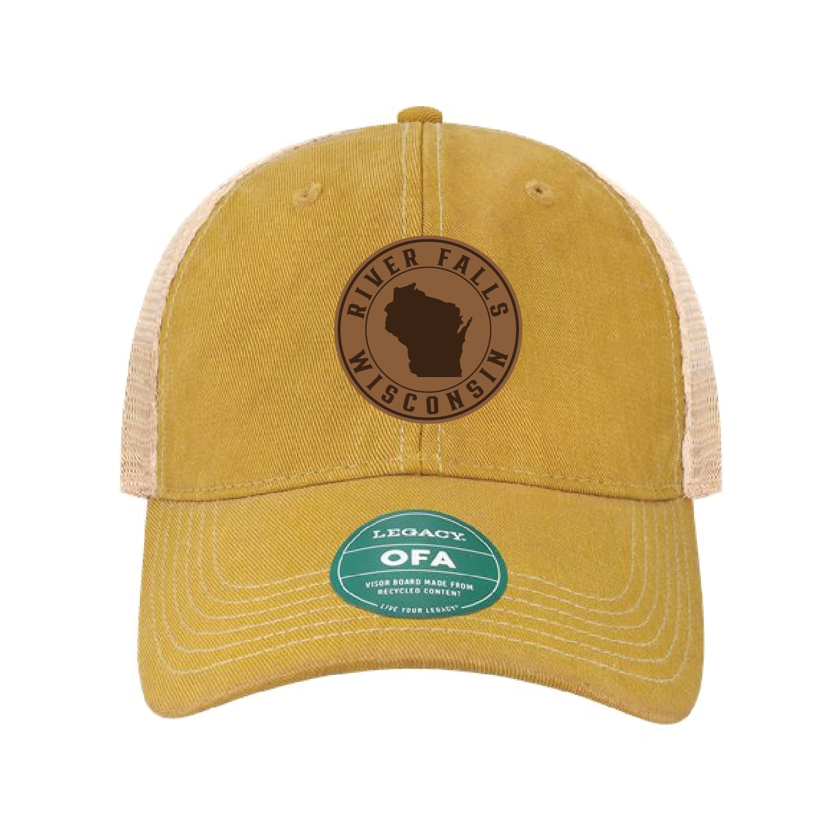 River Falls Wisconsin Retail Old Favorite Trucker Cap with Leather Patch -
