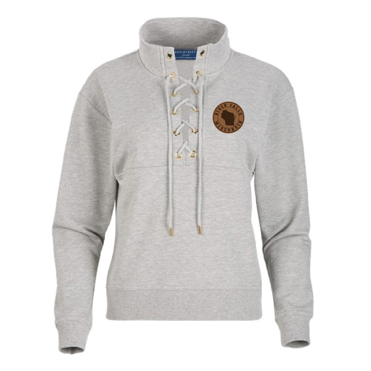 River Falls Wisconsin Retail Women's Lace Up Pullover with Leather Patch