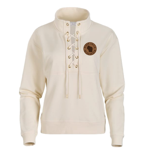 River Falls Wisconsin Retail Women's Lace Up Pullover with Leather Patch