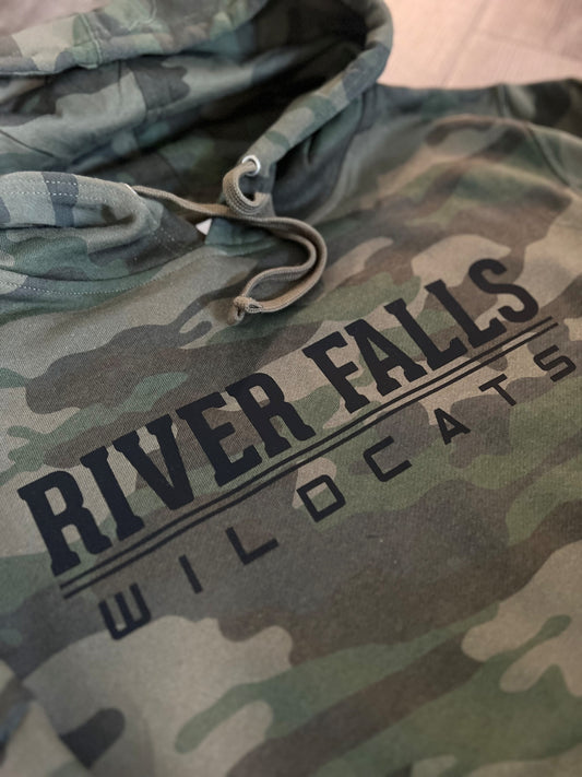 River Falls Retail Online Unisex Midweight Hooded Sweatshirt - Forest Camo with Silicone Print