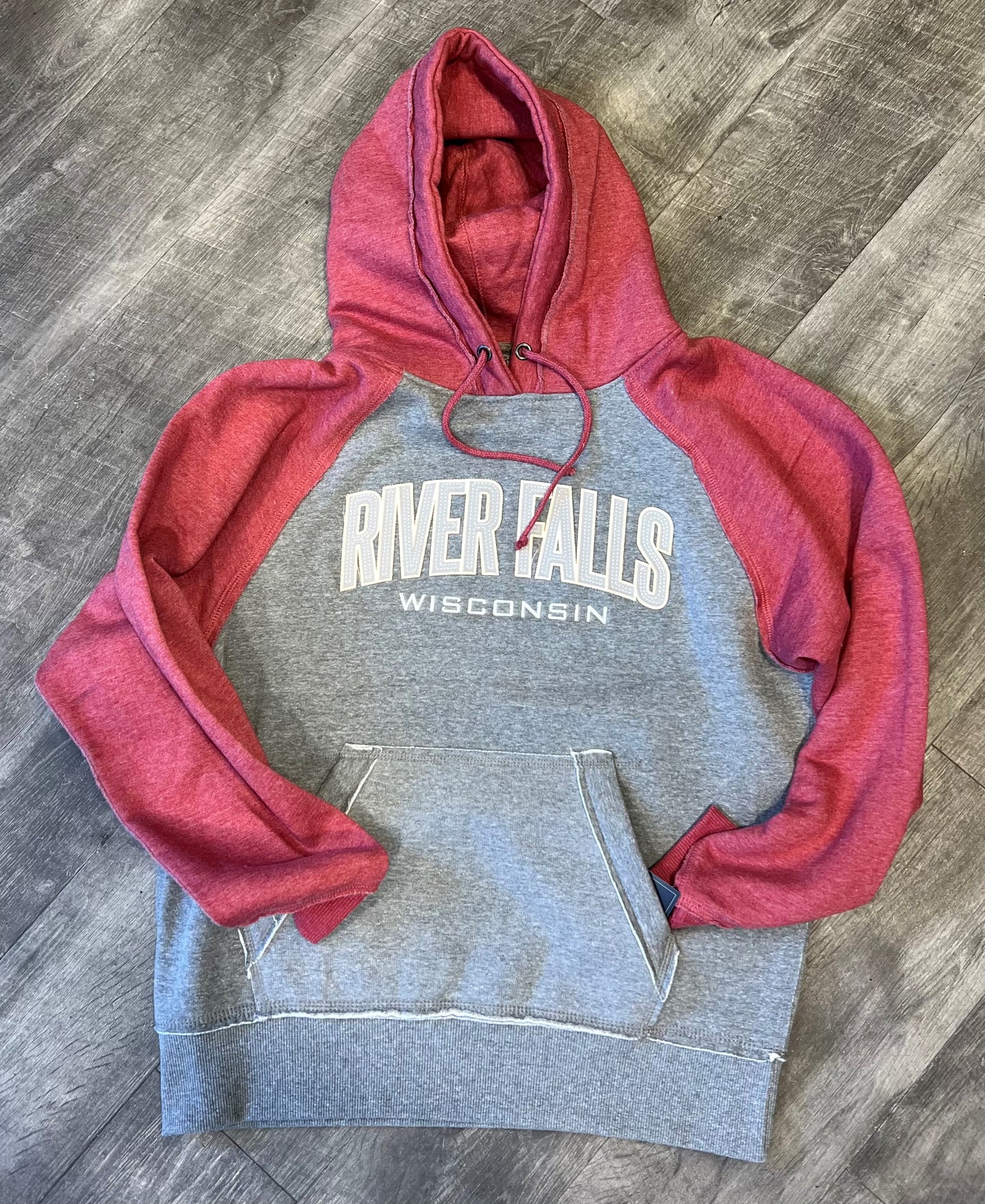 River Falls Retail Online Vintage Heather Hooded Sweatshirt - River Falls WI - Red Sleeves