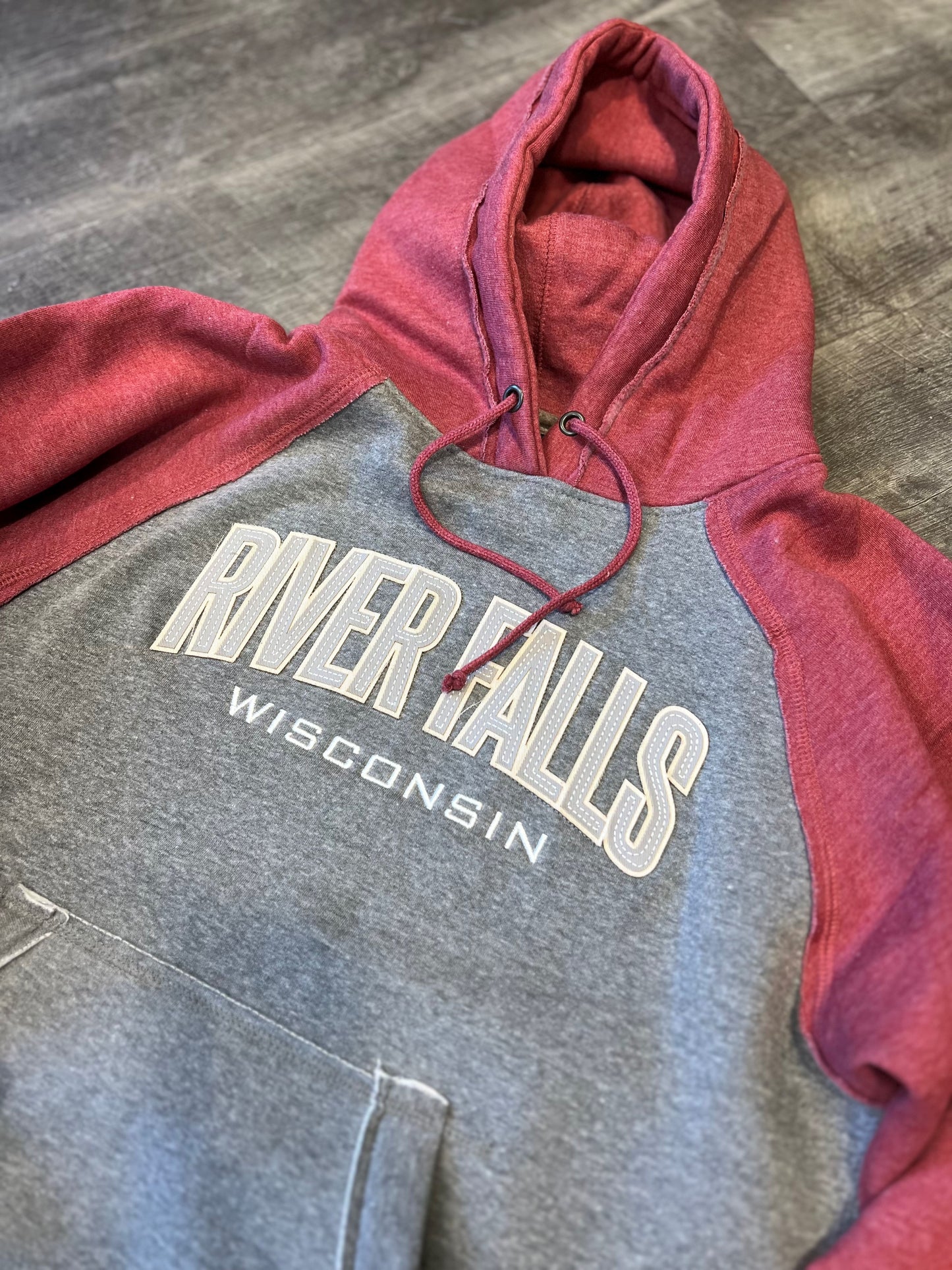 River Falls Retail Online Vintage Heather Hooded Sweatshirt - River Falls WI - Red Sleeves