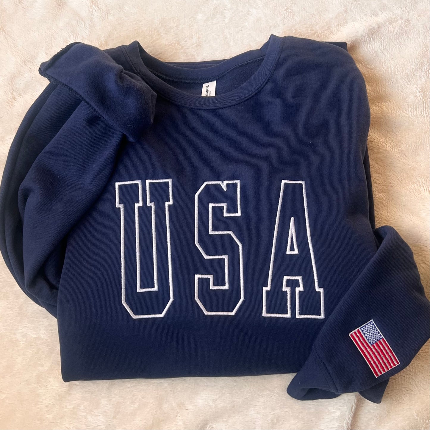 USA Embroidered Sweatshirt| Patriotic Crewneck with Flag Sleeve