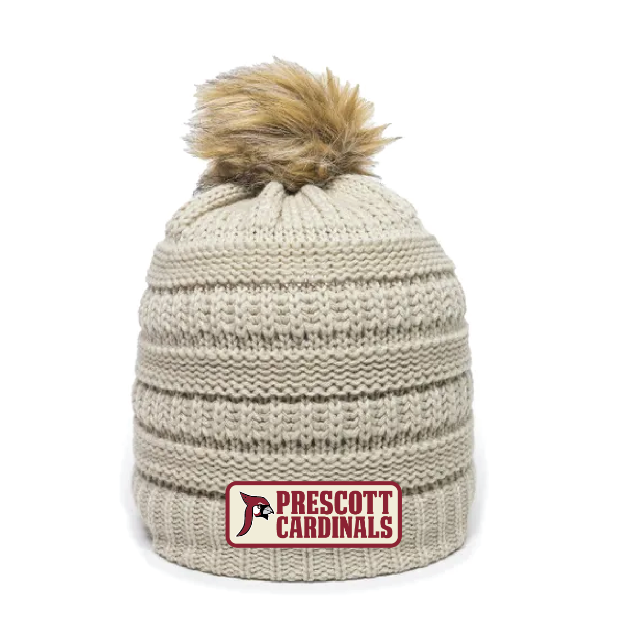 Prescott Retail Online Outdoor Cap Fur Pom Beanie with Woven Patch