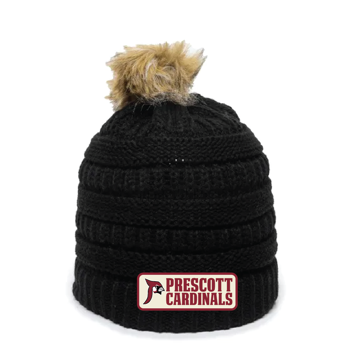 Prescott Retail Online Outdoor Cap Fur Pom Beanie with Woven Patch