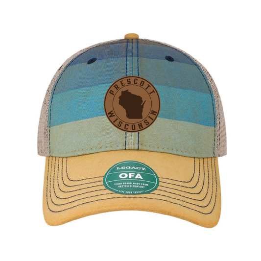 Prescott Wisconsin Retail Old Favorite Trucker Cap with Leather Patch - Blue Stripe / Khaki